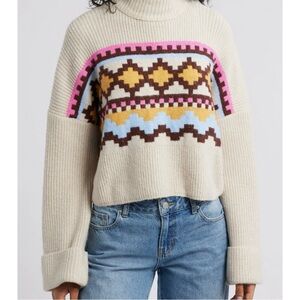 NYC Knits Cream and Pink Cowl Neck Sweater with Fair Isle Pattern